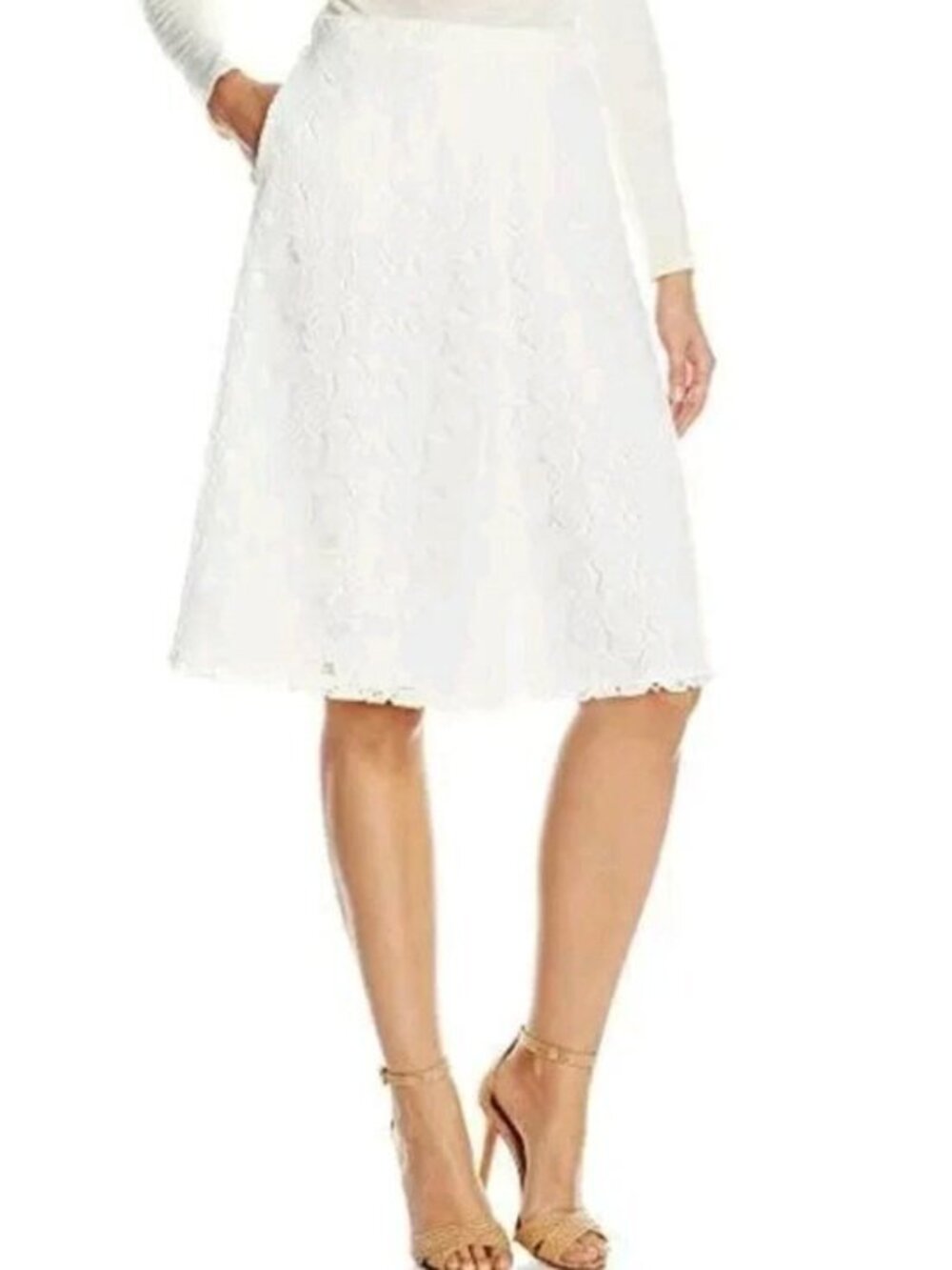 Calvin Klein White Lace Overlay A-Line Skirt Size 12 Feminine Cottagecore Midi
